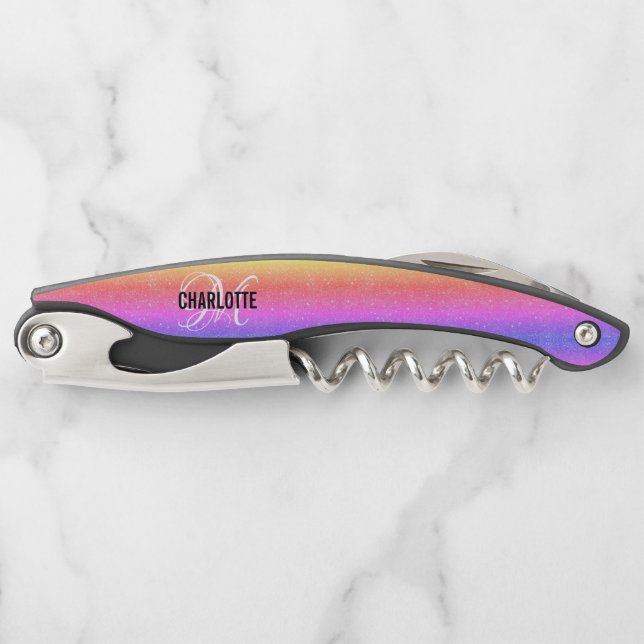 Modern rainbow monogram name waiter's corkscrew (Front)