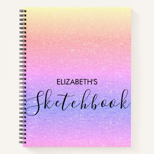Modern Rainbow Ombre Glitter  Name Sketchbook  Notebook (Front)
