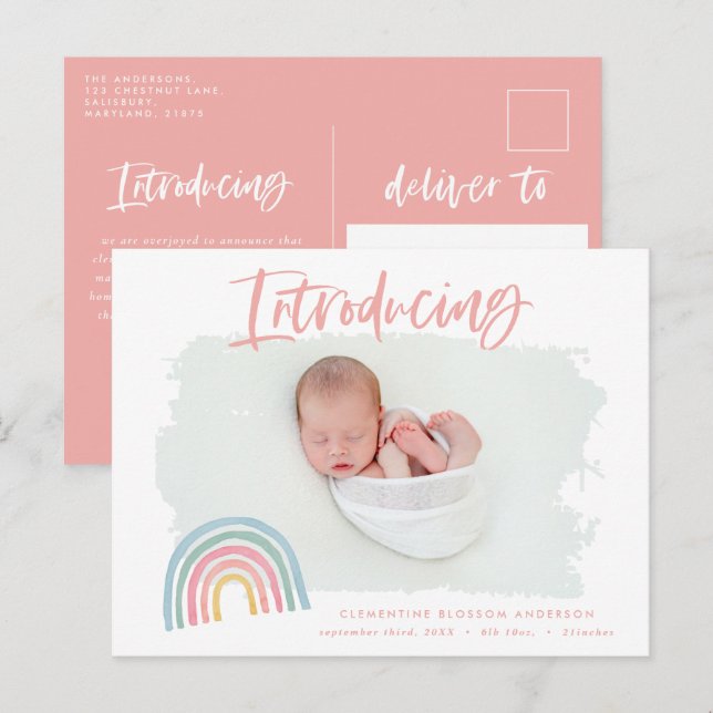 Modern rainbow pink girly introducing photo birth announcement postcard (Front/Back)
