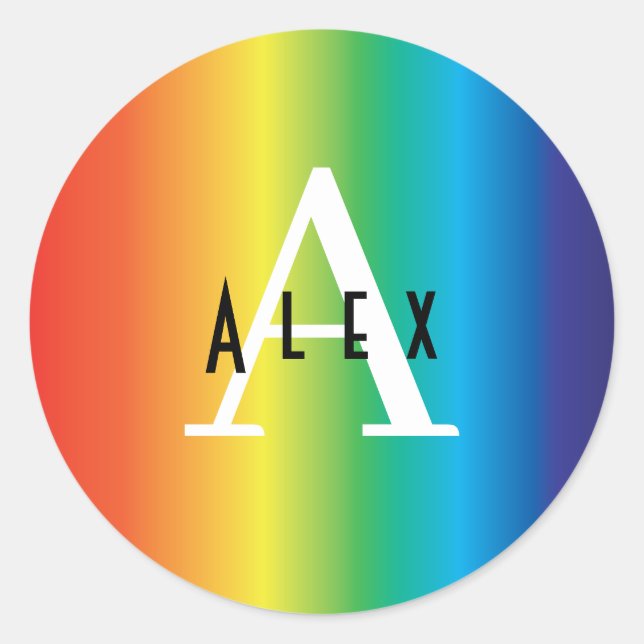 Modern Rainbow Pride Monogram Name + Initial Classic Round Sticker (Front)