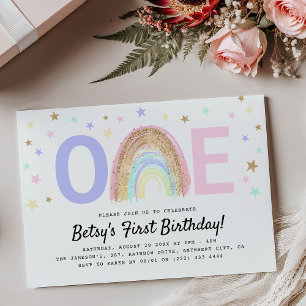 Modern Rainbow & Stars 'ONE' 1st Birthday Party Invitation