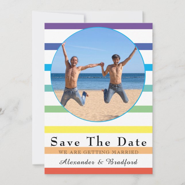 Modern Rainbow Stripe Gay Wedding Save the Date  Announcement (Front)