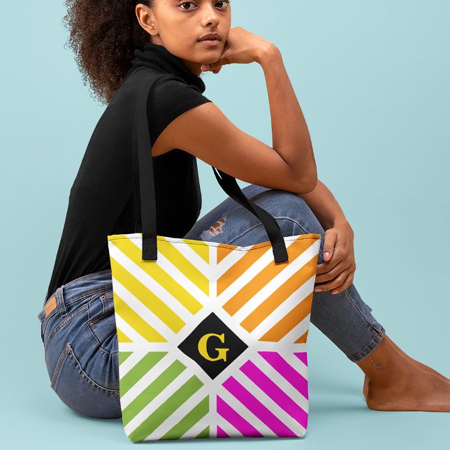 Modern Rainbow Stripes Initial Tote Bag (Creator Uploaded)