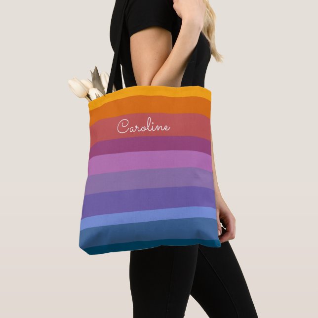 Modern Rainbow Stripes Personalised Name inScript  Tote Bag (Close Up)