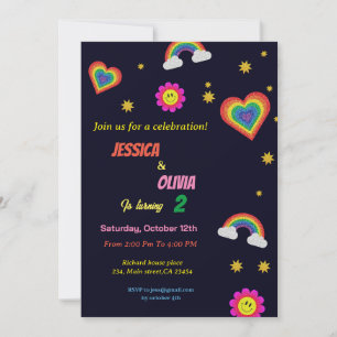 Modern rainbow twins birthday party invitation