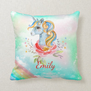 Modern Rainbow Unicorn Girl Name Throw Pillow