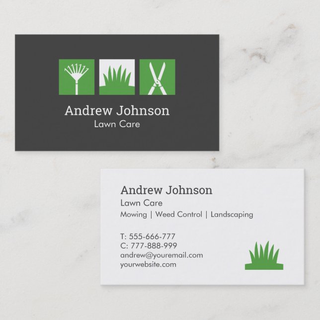 Modern Rake Grass Hedge Shears Logo Lawn Mowing  Business Card (Front/Back)