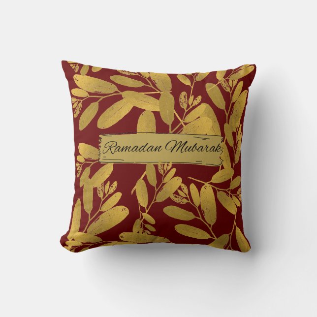 Modern Ramadan Mubarak Gold Flora Plant Leaf Cushion (Front)