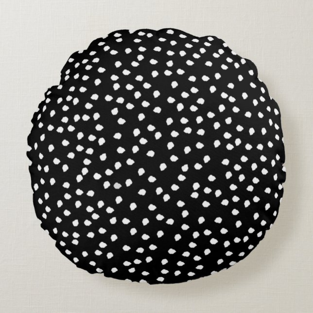 Modern Random Polka Dot Pattern Black and White Round Cushion (Front)