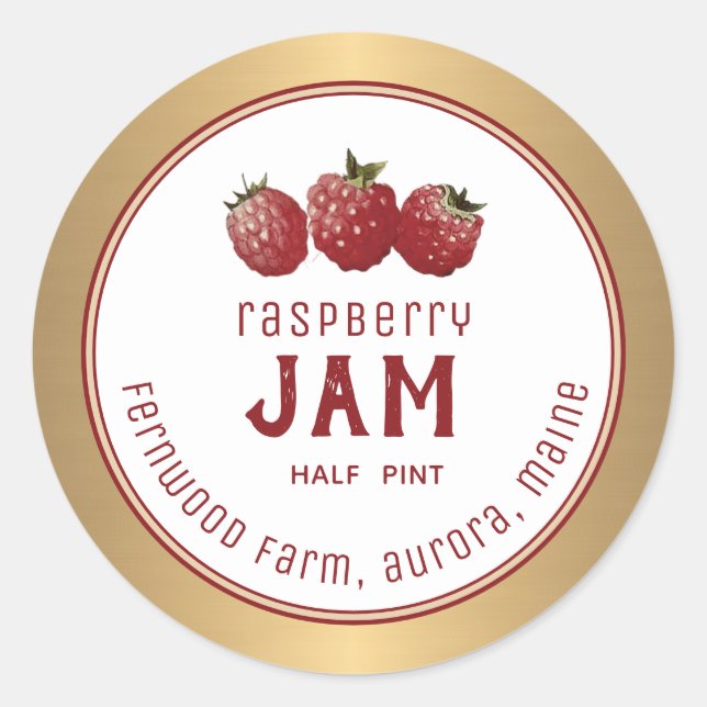 Modern Raspberry Jam Label Metallic Gold Border (Front)