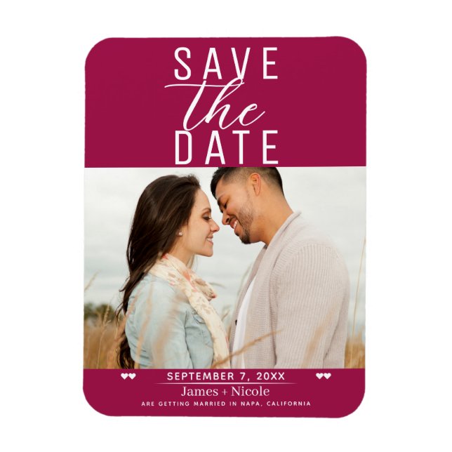 Modern Raspberry Save the Date Wedding Photo Magnet (Vertical)