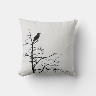 Modern Raven Black Bird Tree Nature Black White Cushion