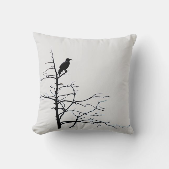 Modern Raven Black Bird Tree Nature Black White Cushion (Front)