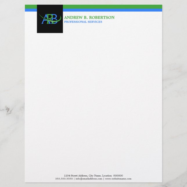 Modern Re-sizeable Swoosh Monogram Business Letterhead Template (Front)