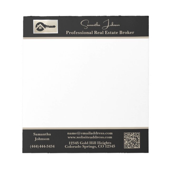 Modern Real Estate Agent Black Key Logo QR Code  Notepad (Front)