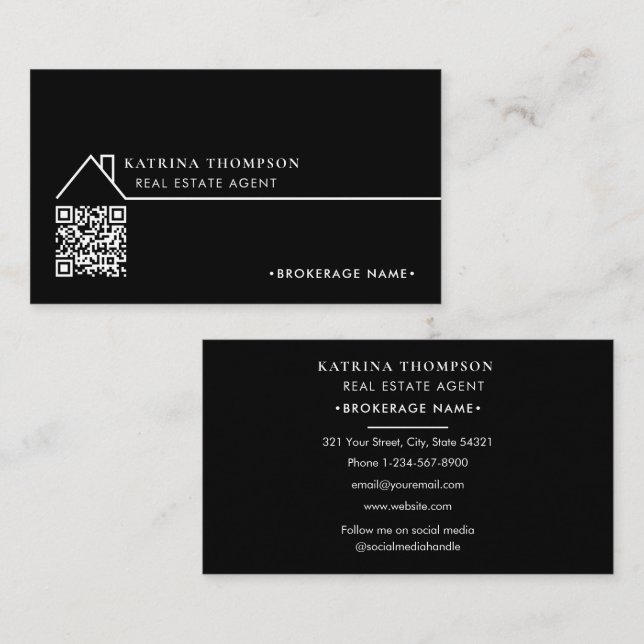 Modern Real Estate Agent Broker QR Code Black Business Card (Front/Back)