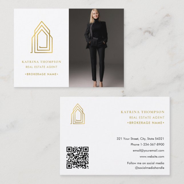 Modern Real Estate Agent Realtor Logo Photo Gold Business Card (Front/Back)