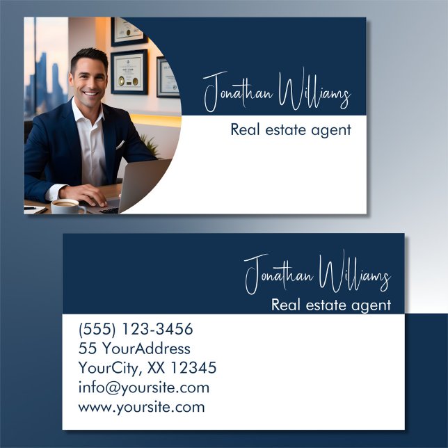 Modern real estate agent round photo blue white business card (Creator Uploaded)