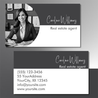 Modern real estate agent round photo grey white business card