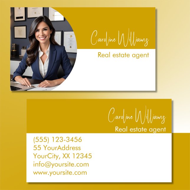 Modern real estate agent round photo mustard white business card (Creator Uploaded)