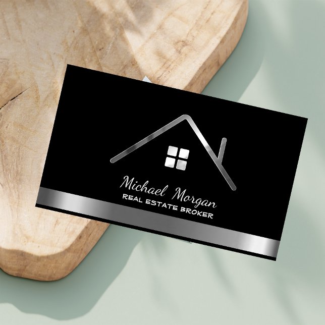 Modern Real Estate Broker House Roof Black Business Card (Creator Uploaded)