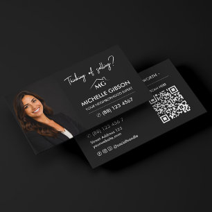 Modern Real Estate Broker Marketing QR Code Black Business Card