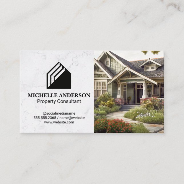 Modern Real Estate Logo | Craftsman Style House Business Card (Front)