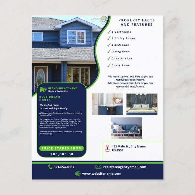 Modern Real Estate Navy Blue and Green Customised Flyer (Front)