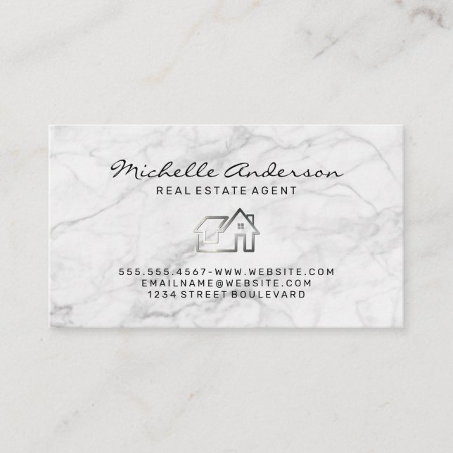Modern Real Estate | White Marble Background Business Card (Front)
