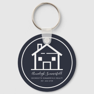 Modern Real Estate White Navy Blue Custom House Key Ring