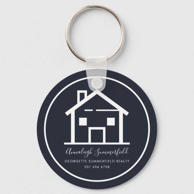 Modern Real Estate White Navy Blue Custom House Key Ring (Front)