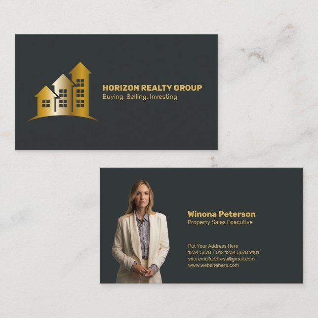 Modern Real Estate with Photo & Gold House Logo Business Card (Front/Back)