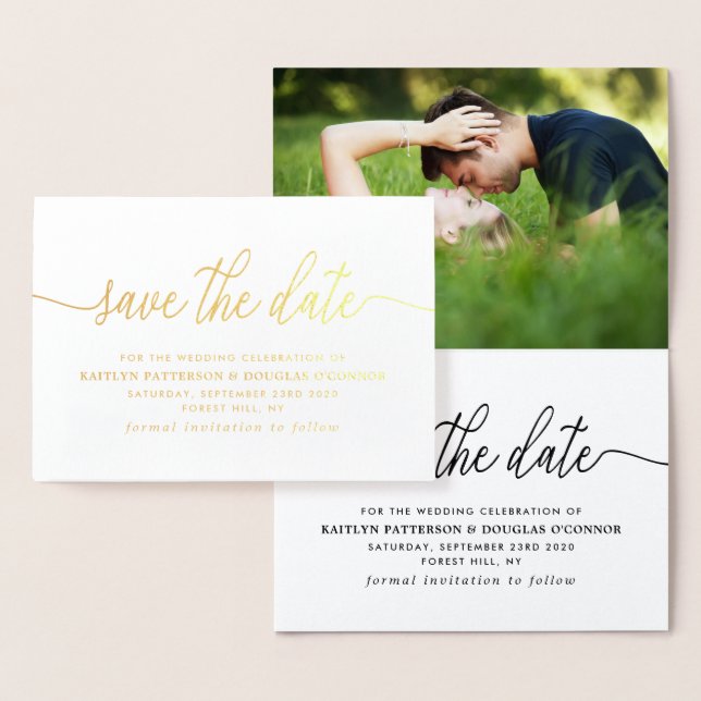 Modern REAL FOIL Script Save The Date Gold Card (Display)