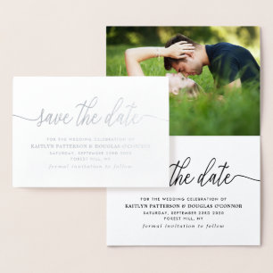 Modern REAL FOIL Script Save The Date Silver Card