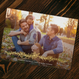 Modern REAL GOLD Mistletoe Christmas Photo Foil Holiday Card