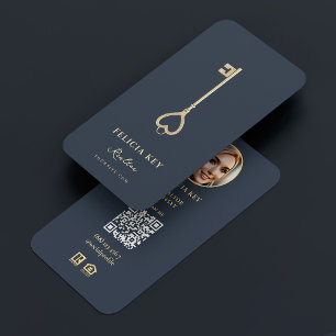 Modern Realtor EHO Photo Blue Gold Key Business Card