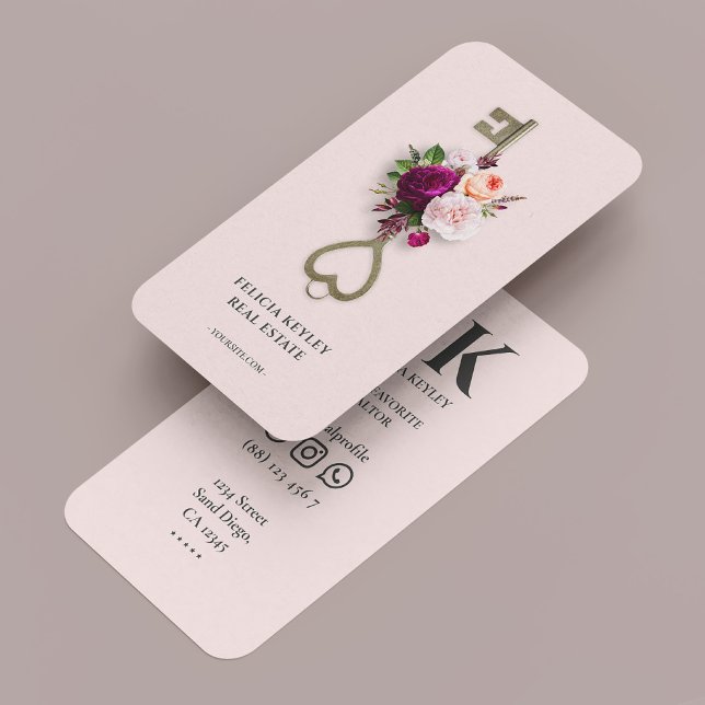 Modern Realtor Floral Key Mortgage Broker Pink Business Card (Modern Realtor Floral Monogram Real Estate Agent B Business Card
)