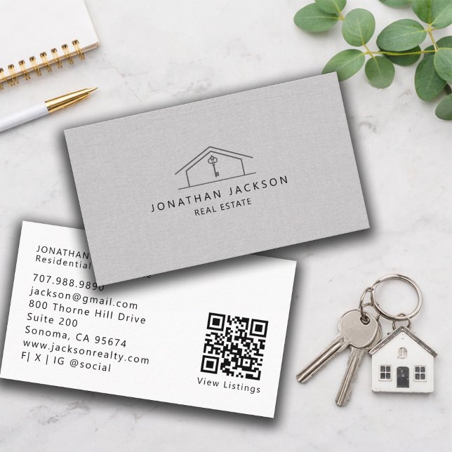 Modern Realtor Home Logo Grey Faux Linen Business Card (Creator Uploaded)