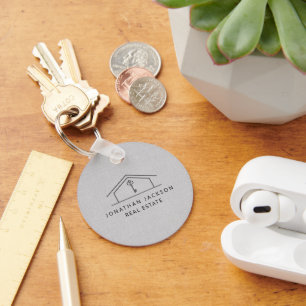 Modern Realtor Home Logo Grey Faux Linen Key Ring