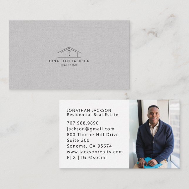 Modern Realtor Home Logo Photo Grey Faux Linen Business Card (Front/Back)