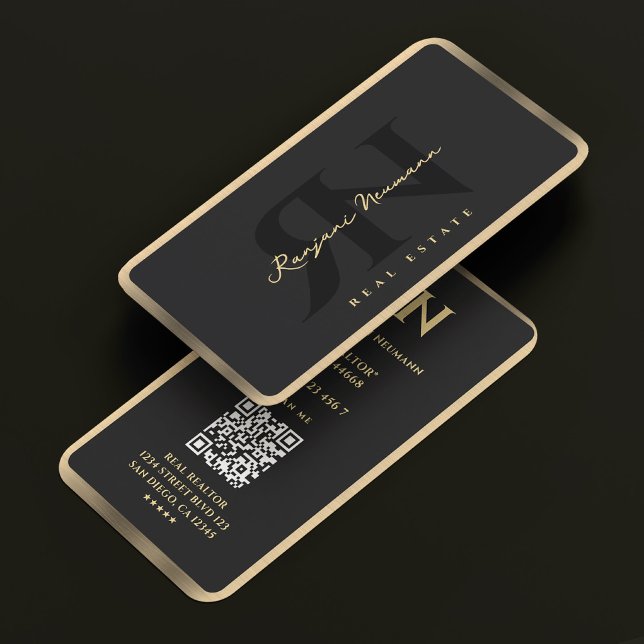 Modern Realtor Mortgage Broker Black Fau Gold Trim Business Card (Modern Realtor Mortgage Broke RN Black Gold Border Business Card
)