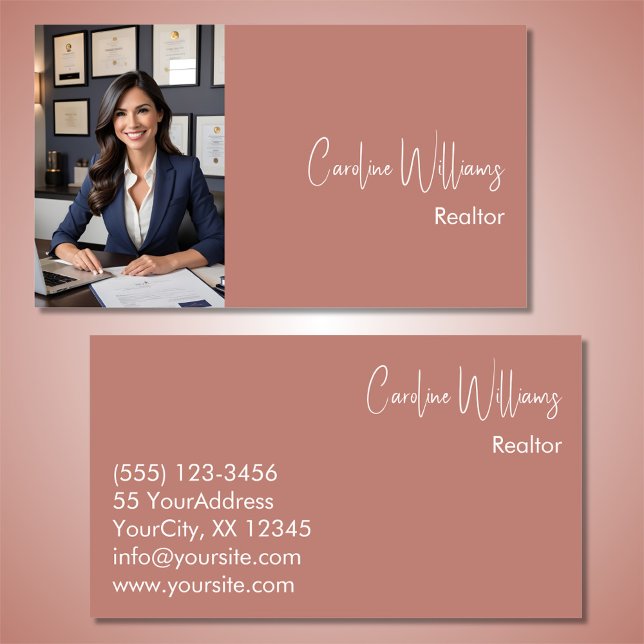 Modern realtor real estate agent photo dusty rose business card (Creator Uploaded)