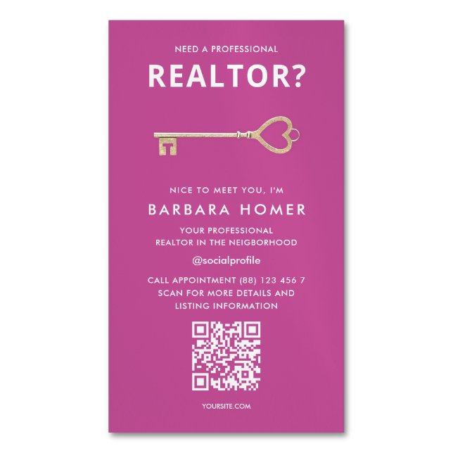 Modern Realtor Real Estate Agent Pink QR Magnetic Business Card (Front Vertical)