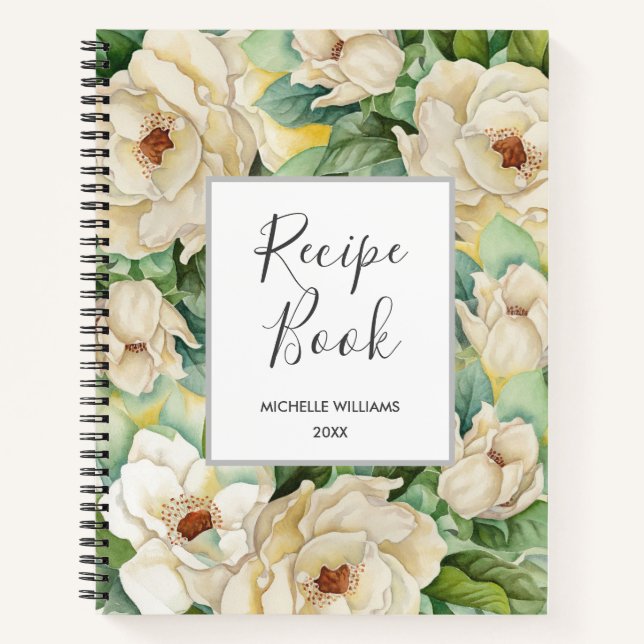 Modern Recipe Book Magnolia Floral Name Watercolor (Front)
