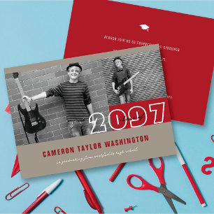 Modern Red 2 Photo Blocks Simple Graduation Party Invitation