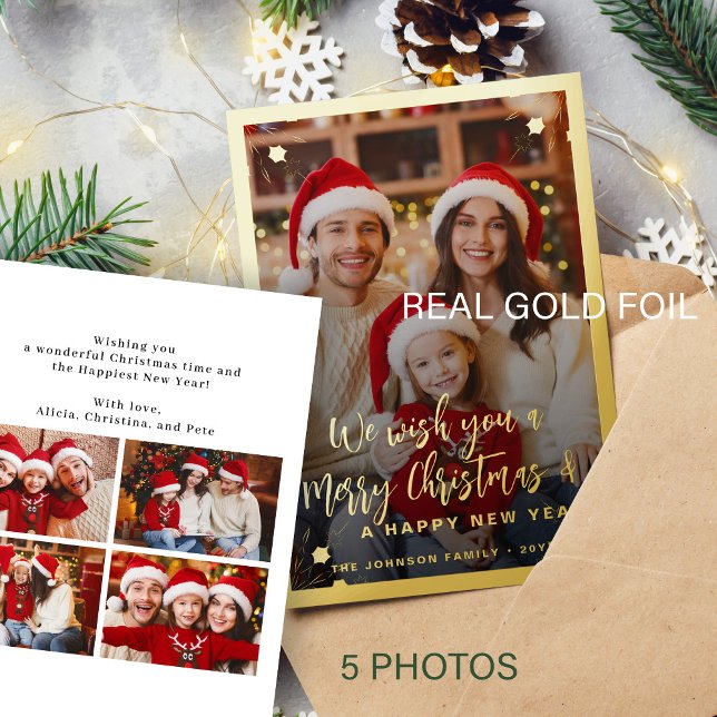 Modern red 5 photo collage Merry Christmas Foil Holiday Card (Creator Uploaded)