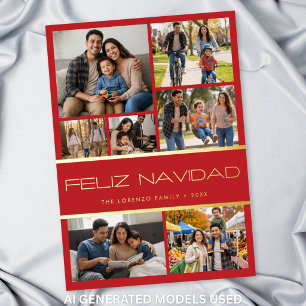 Modern Red 7 Photo Collage Feliz Navidad Foil Holiday Card