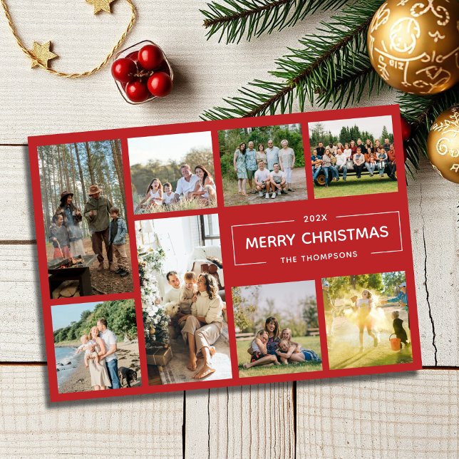 Modern Red 8 Photo Collage Merry Christmas Holiday Card (Creator Uploaded)