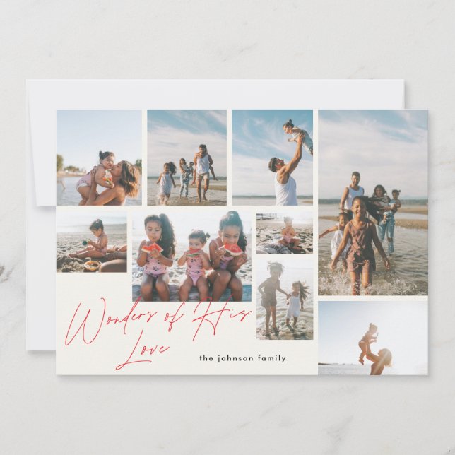 Modern Red 9 Photo Wonders of his Love Religious Holiday Card (Front)
