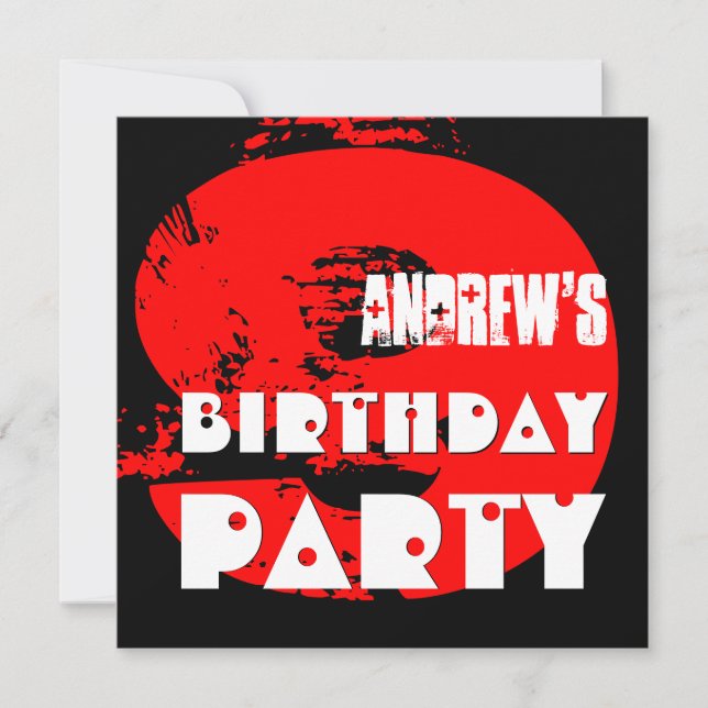 Modern RED 9th Birthday Party 9 Year Old V11 Invitation (Front)